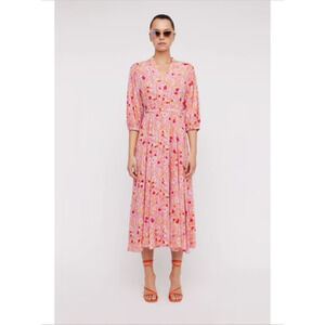 Scanlan Theodore Silk Daisy Floral Print 3/4 Sleeve Midi Dress Peach Size 4